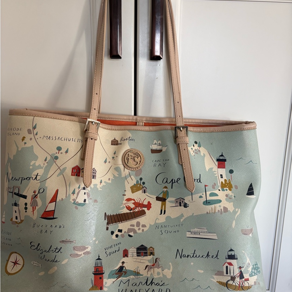 Spartina 449 Cream and Tan Travel-Themed Tote Bag